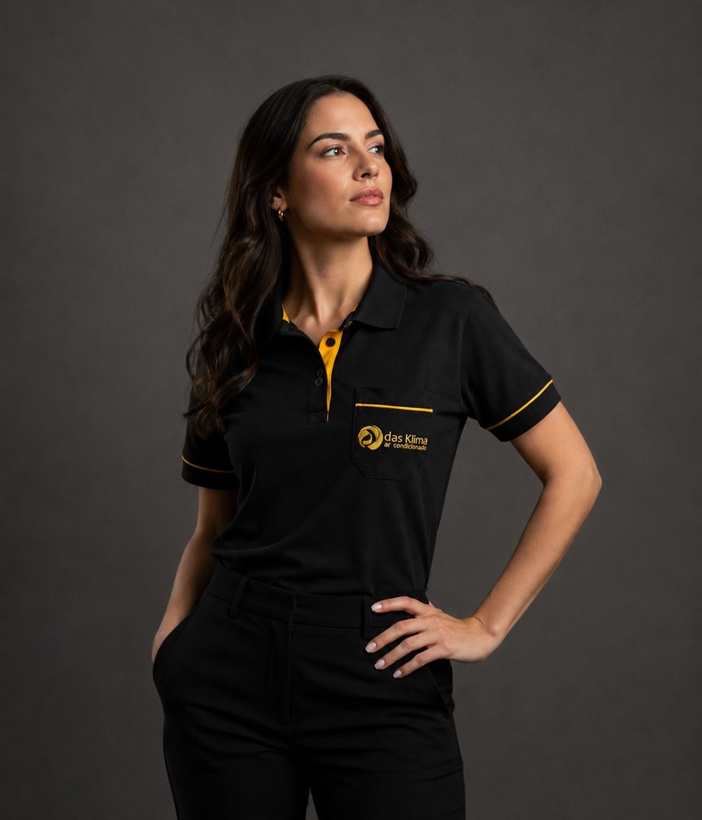 Colaboradora com camisa polo preta personalizada com bordado, produzida pela Pontual Uniformes