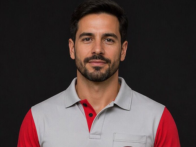 Camisa polo bicolor cinza e vermelha com bolso e logo bordado